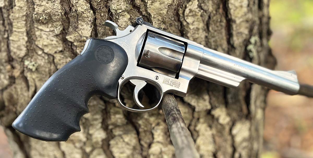 The handgun portion of the 41 Remington Magnum test was conducted with a stainless-steel Smith & Wesson Model 657 revolver with a Hogue Monogrip rubber grip.